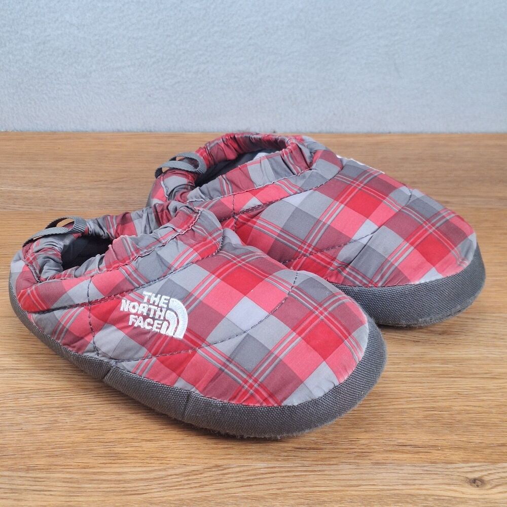 North Face Kids Insulated Slip-On Slippers Red Gray Plaid Small 12-1.5 Boys